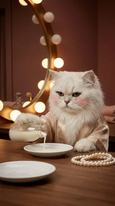 Bijou pouring cream into a saucer, a string of pearls coiled beside it.